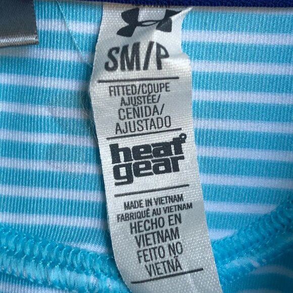 Under Armour Heat Gear Slvless Fitted Stripped Golf Top Turquoise Blue+Wht Sz S - Picture 9 of 10